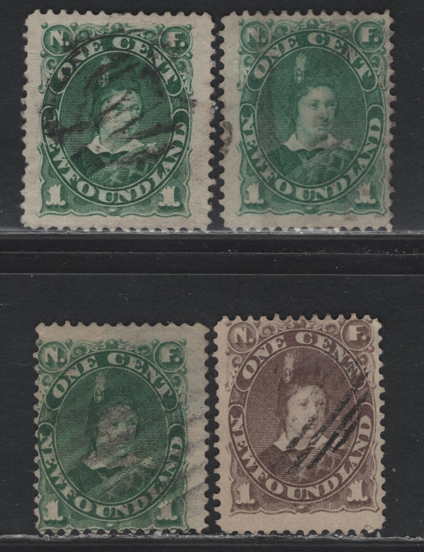 Lot 208 (C) Newfoundland #42, 44-45a 1c Gray Brown - Yellow Green, 1880-1896 4th Cents Issue, 4 Good/Very Good/Fine Used Singles, 1880, 1887 & 1896 Printings, Vertical Wove & Soft Horiz Wove Papers (Unchecked As To Specific Types)