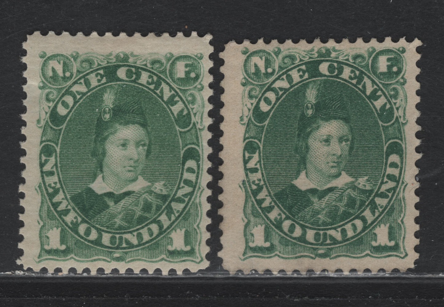 Lot 209 (C) Newfoundland #45-a 1c Green - Yellow Green, 1880-1896 4th Cents Issue, 2 G/FOG Singles, 1896 Re-Issues On Soft Horiz Wove Paper, Unchecked For Specific Type & Perf, Deep Thin On Yellow Green (Not Visible From Front).