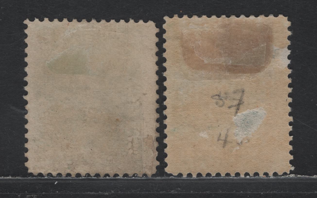 Lot 209 (C) Newfoundland #45-a 1c Green - Yellow Green, 1880-1896 4th Cents Issue, 2 G/FOG Singles, 1896 Re-Issues On Soft Horiz Wove Paper, Unchecked For Specific Type & Perf, Deep Thin On Yellow Green (Not Visible From Front).