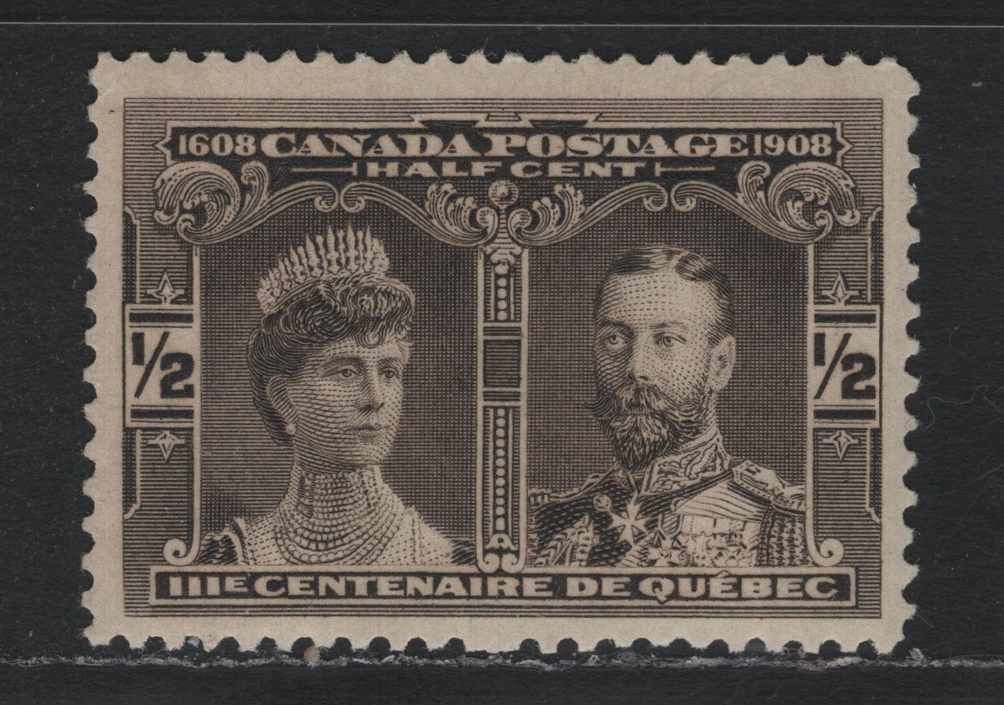 Lot 21 Canada #96 1/2c Black Brown, 1908 Quebec Tercentenary Issue, A VFNH Single, ABN-A Paper, Perf 11.9x12, Gum Is NH, But There Is A Very Minor Disturbance.