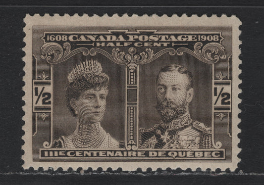Lot 21 Canada #96 1/2c Black Brown, 1908 Quebec Tercentenary Issue, A VFNH Single, ABN-A Paper, Perf 11.9x12, Gum Is NH, But There Is A Very Minor Disturbance.