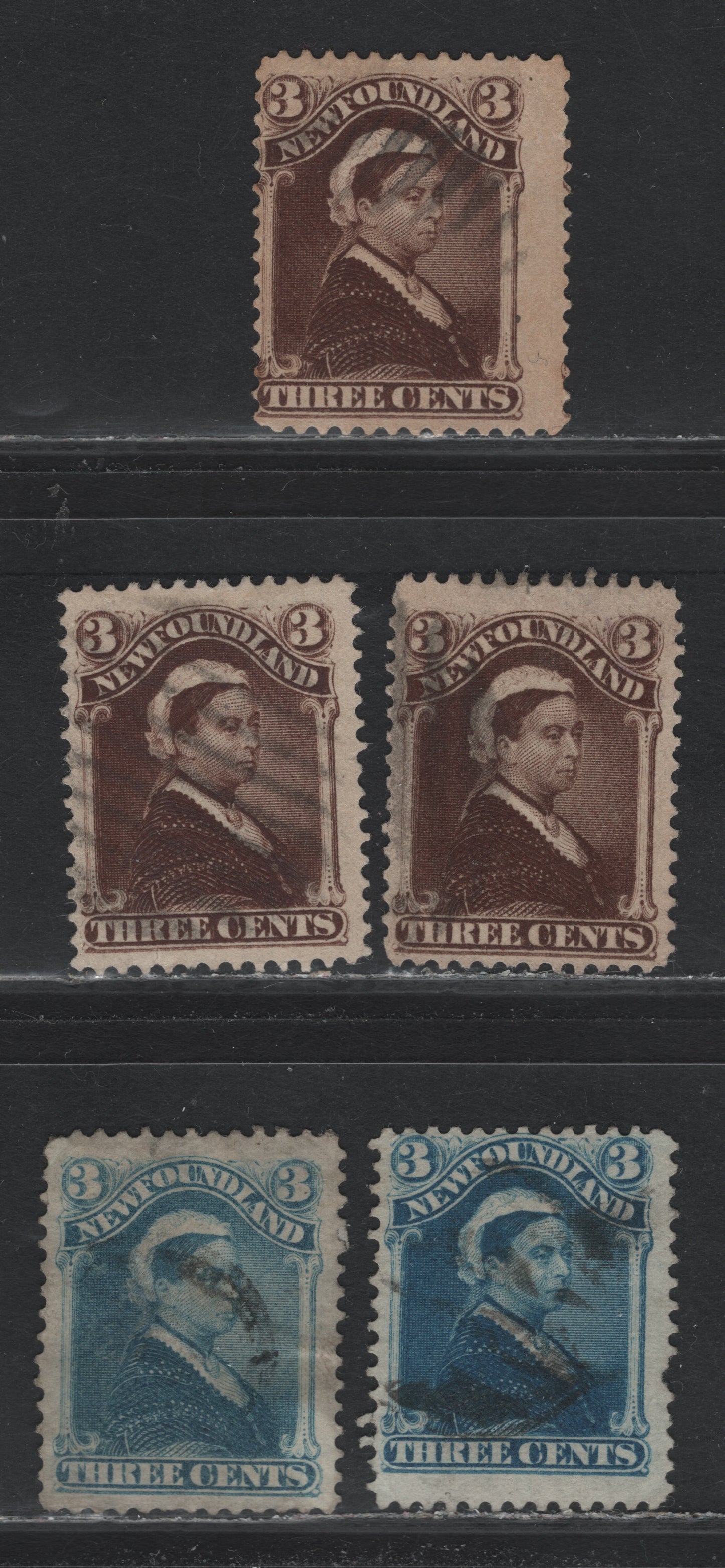 Lot 213 (C) Newfoundland #49-a, 51 3c Blue - Umber Brown, 1880-1896 4th Cents Issue, 3 Very Good/Fine Used Singles, 1882-1887 Printings On Stout Horiz & Vert Wove Papers, Unchecked For Specific Types & Perfs