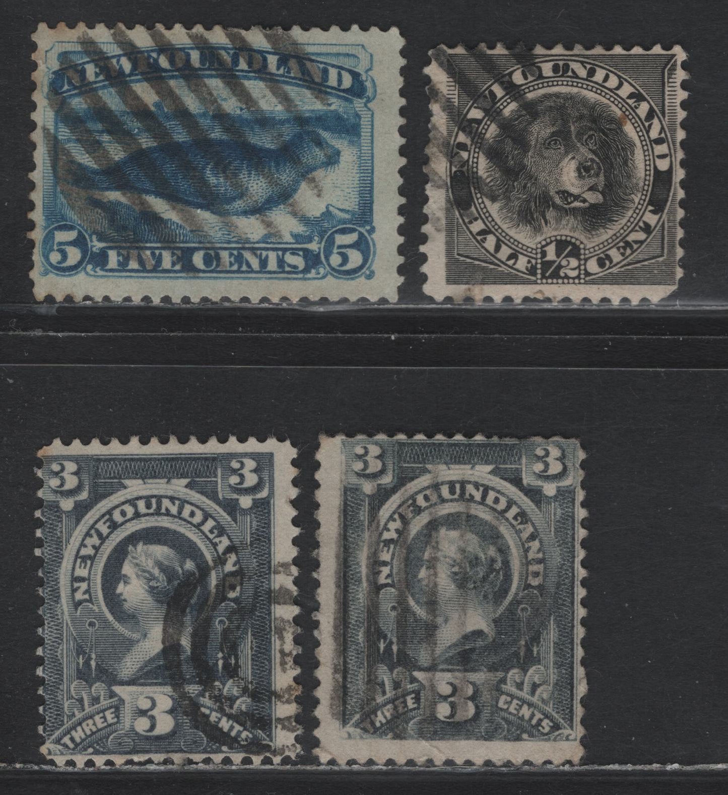 Lot 216 Newfoundland #54, 58, 60 5c - 3c Dark Blue - Slate, 1860-1898 Cents Issues, 4 Good/Very Good/Fine Used Singles, 1887, 1890 & 1894 Printings, Unchecked As To Specific Paper Type & Perf.