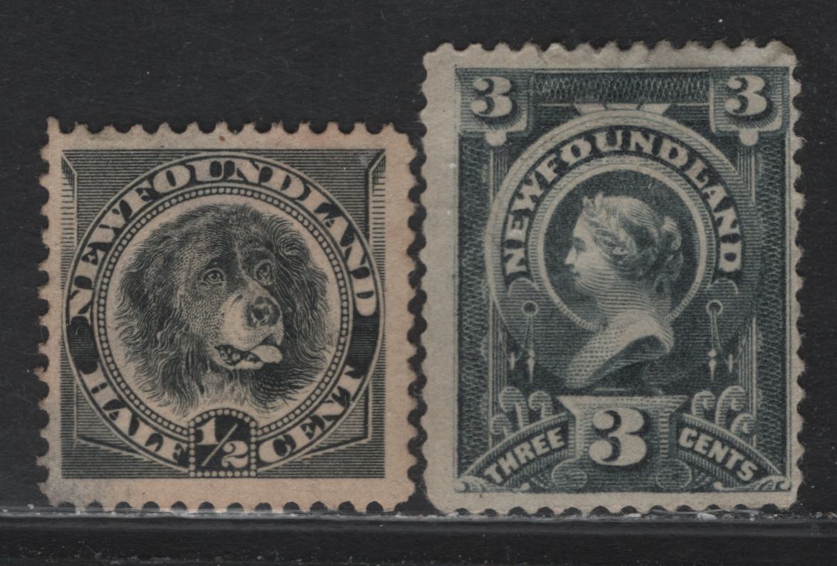 Lot 219 Newfoundland #58, 60 1/2c - 3c Black - Slate, 1887-1890 Cents Issues, 2 Good/Fine OG & Unused Singles, 1/2c Appears Fine But Has No Gum & Large Thin That Does Not Show Through