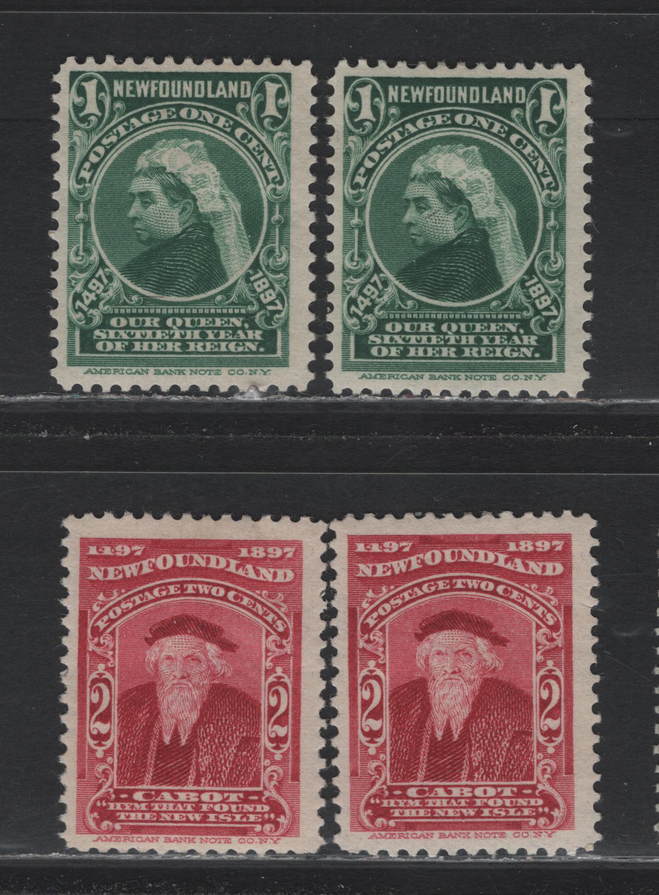 Lot 221 Newfoundland #61-62 1c - 2c Dark Green - Carmine Lake, 1897 John Cabot Issue, 4 FOG Singles, ABNN-H Paper, Perfs 11.9, 11.9x11.8, 11.8x11.9 & 11.8