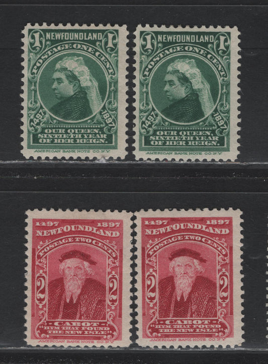 Lot 221 Newfoundland #61-62 1c - 2c Dark Green - Carmine Lake, 1897 John Cabot Issue, 4 FOG Singles, ABNN-H Paper, Perfs 11.9, 11.9x11.8, 11.8x11.9 & 11.8