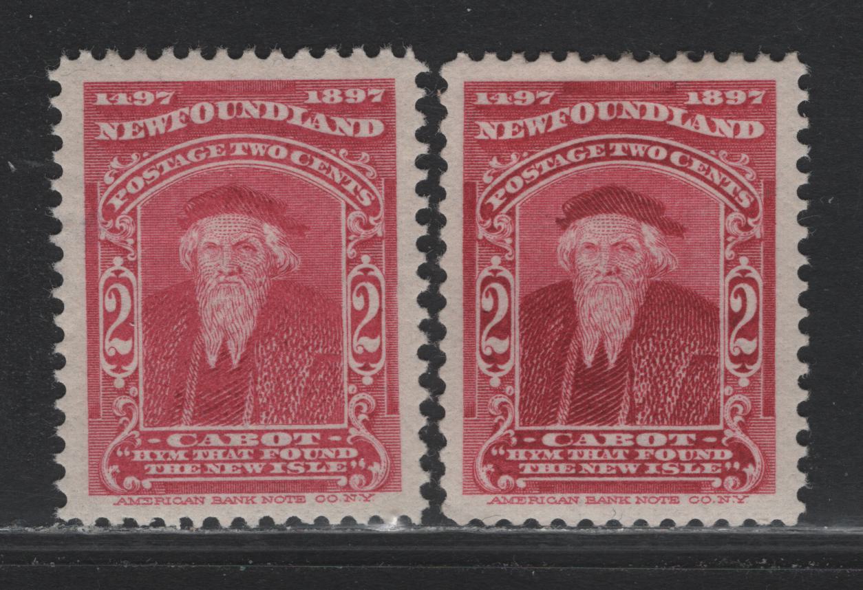Lot 225 Newfoundland #62 2c Carmine Lake - Pale Rose Carmine, 1897 John Cabot Issue, 2 F/VFOG Singles, ABNN-H Papers, Perfs 12x11.9 & 12.1x12, VF Appearing Example Of This Scarce Pale Shade.