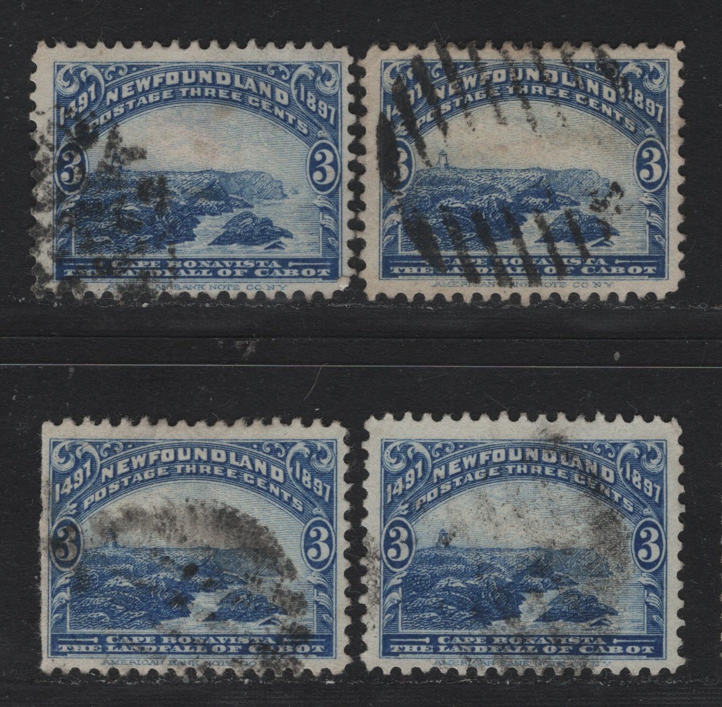 Lot 226 Newfoundland #63 3c Ultramarine, 1897 John Cabot Issue, 4 Fine Used Singles, ABNN-E Papers, Unchecked As To Specific Perfs, But Likely That 1/2 Are Slightly Different.