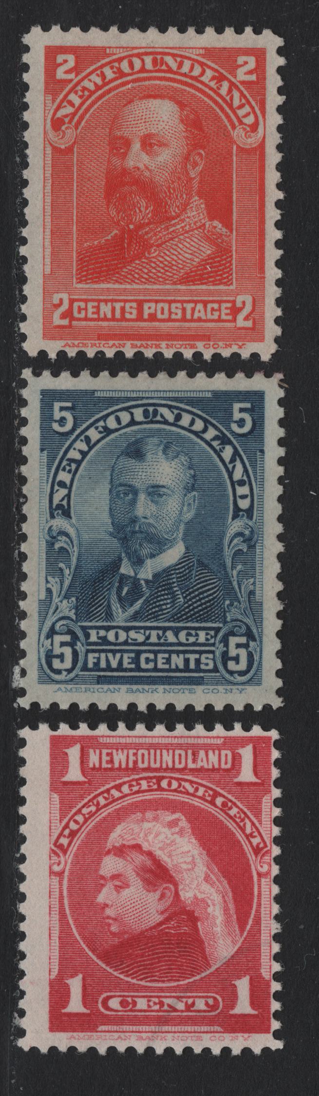 Lot 230 Newfoundland #79, 82, 85 1c - 5c Carmine Rose - Blue, 1897-1901 Royal Family Issue, 3 Fine/Very Fine Unused Singles, ABNN-E & ABNN-S Papers, Unchecked As To Specific Perfs
