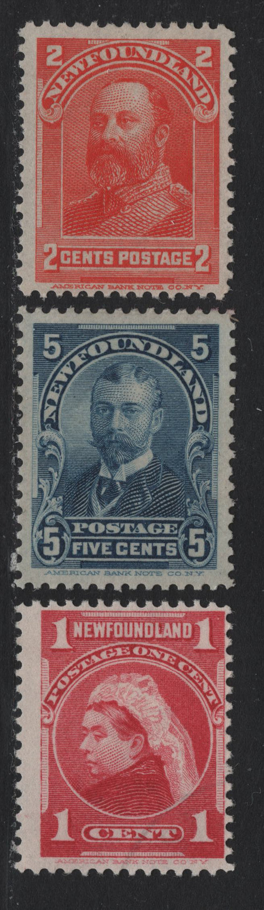 Lot 230 Newfoundland #79, 82, 85 1c - 5c Carmine Rose - Blue, 1897-1901 Royal Family Issue, 3 Fine/Very Fine Unused Singles, ABNN-E & ABNN-S Papers, Unchecked As To Specific Perfs