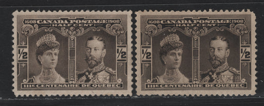 Lot 23 Canada #96 1/2c Black Brown, 1908 Quebec Tercentenary Issue, 2 F/VFOG Singles, ABN-A Paper, Perf 11.9x11.8 & 11.8x11.9, Paler Shade Stamp Has Considerable Adhesions On The Gum.