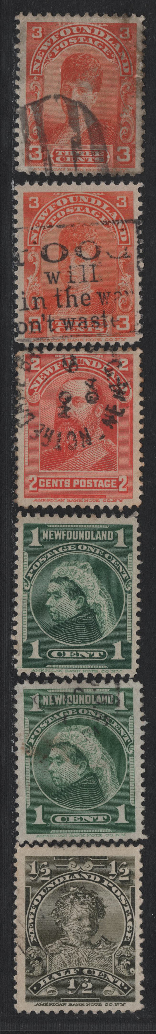 Lot 232 Newfoundland (C) #78, 80a, 82-83,3 1/2c - 3c Olive Green - Red Orange, 1897-1901 Royal Family Issue, 6 Very Fine Used Singles, Various Papers, Unchecked As To Specific Types Or Perfs