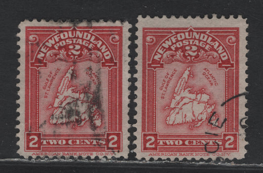 Lot 234 Newfoundland #86 2c Rose Carmine, 1908 Map of Newfoundland Issue, 2 Very Fine Used Singles, Grayish Horizontal Wove Paper, Unchecked As To Exact Type Or Perf, Both A Slightly Different Shade.