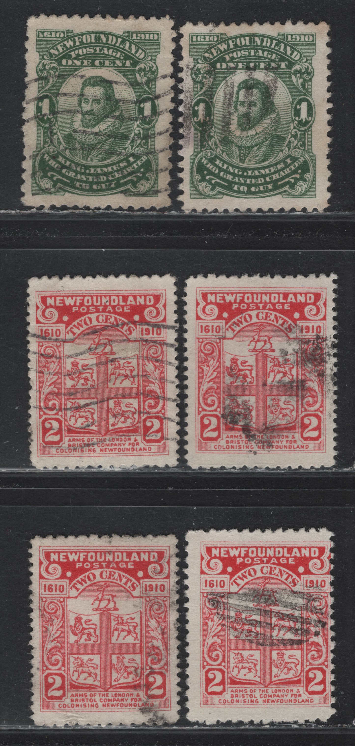 Lot 236 Newfoundland (C) #87-a, 88-a 1c - 2c Deep Green - Carmine, 1910 John Guy Issue, 6 Fine Used Singles, Perfs 12x11, 12 & 12x14, WM-A Papers