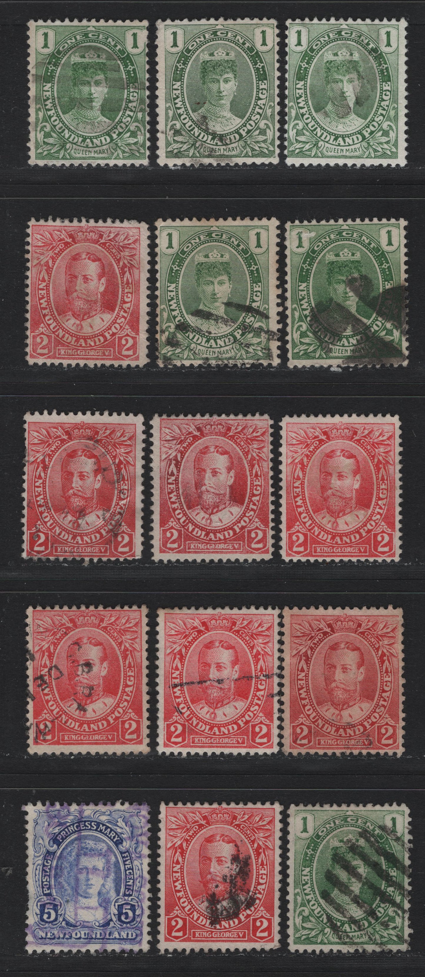 Lot 238 Newfoundland (C) #104-105,b, 108 1c - 5c Green - Ultramarine, 1911 Royal Family Issue, 15 Fine Used Singles, Unchecked As To Specific Paper Types & Perfs