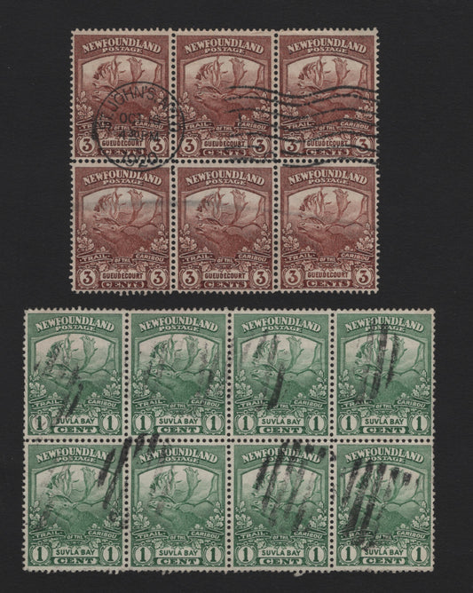 Lot 243 Newfoundland #115, 117 1c - 3c Green - Red Brown, 1919 Trail of the Caribou Issue, 2 Fine Used Blocks Of 6 & 8, WM-F Paper, Comb & Line Perf 14, Unusual, As Most Of These Were Used As Singles.