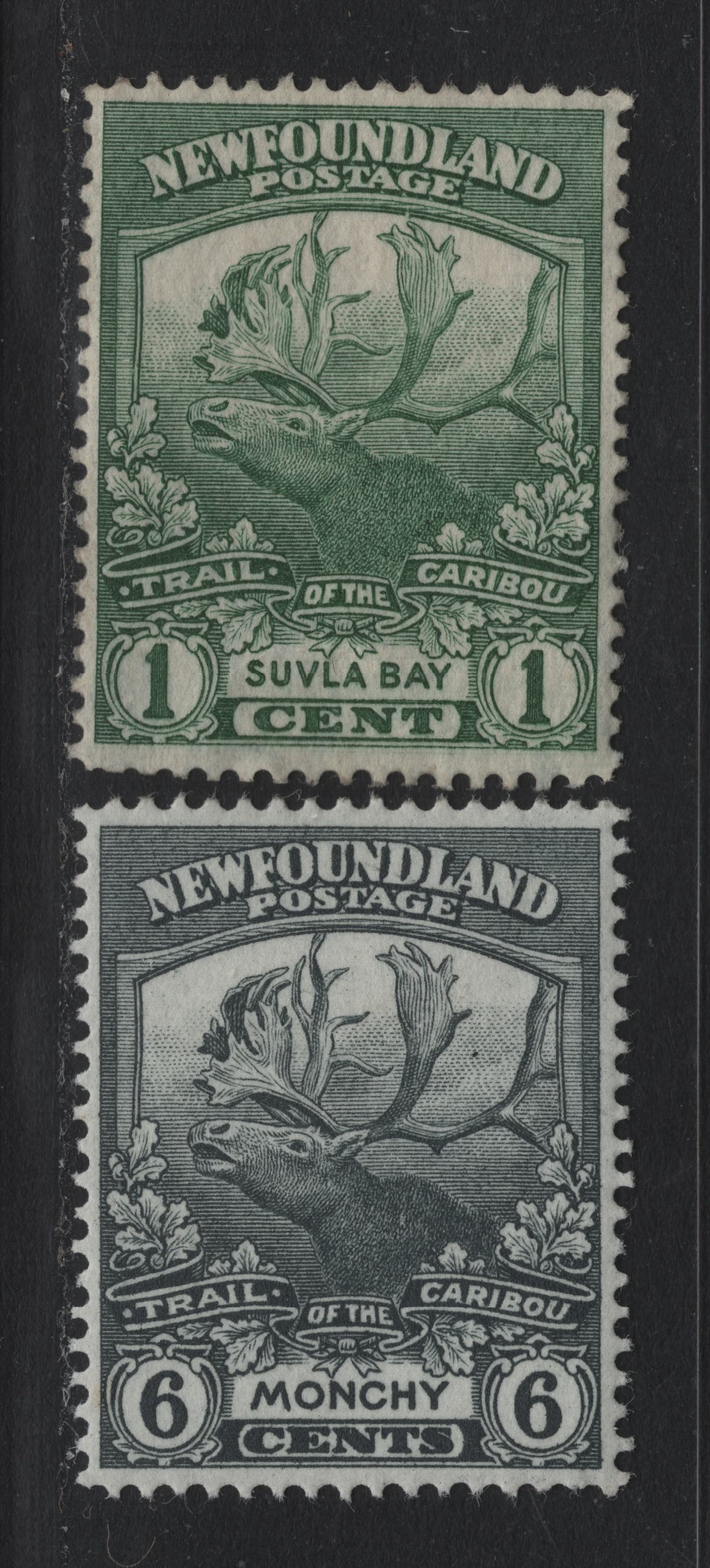 Lot 244 Newfoundland #115, 120 1c - 6c Green - Gray, 1919 Trail of the Caribou Issue, 2 VFOG Singles, WM-L Papers, Line Perf 14x14.1 & 14.1x14