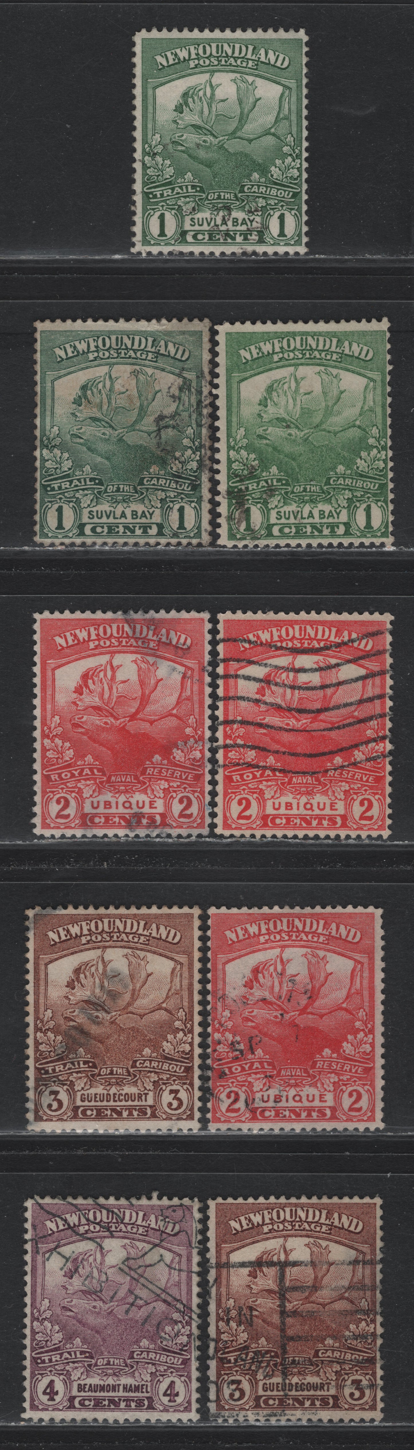 Lot 246 Newfoundland (C) #115-116, 116b, 117, 117b, 118 1c - 4c Yellow Green - Violet, 1919 Trail of the Caribou Issue, 9 Fine/Very Fine Used Singles