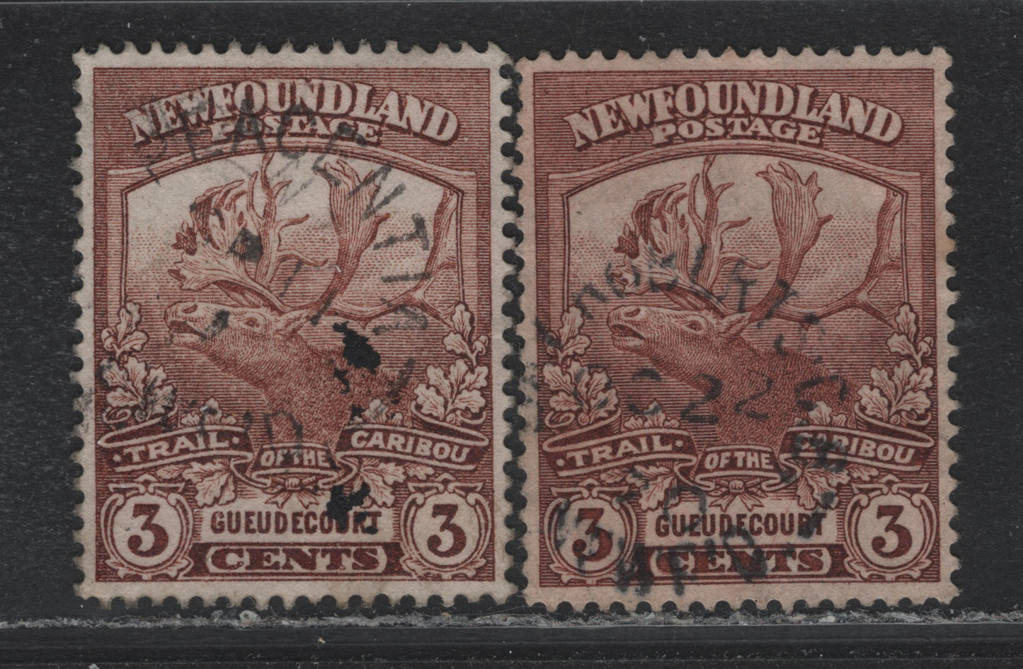 Lot 247 Newfoundland #117, 117b 3c Brown - Red Brown, 1919 Trail of the Caribou Issue, 2 Very Fine Used Singles, WM-F Papers, Placentia & Robert's CB Split Ring Cancels, Unchecked As To Perfs.