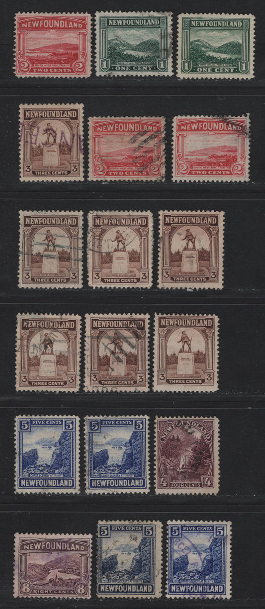 Lot 248 Newfoundland (C) #131-135, 137 1c - 8c Bottle Green - Brown Violet, 1923-1928 Pictorial Issue, 18 Fine Used Singles, Various Shades & Papers, Unchecked As To Specific Paper Types & Perfs