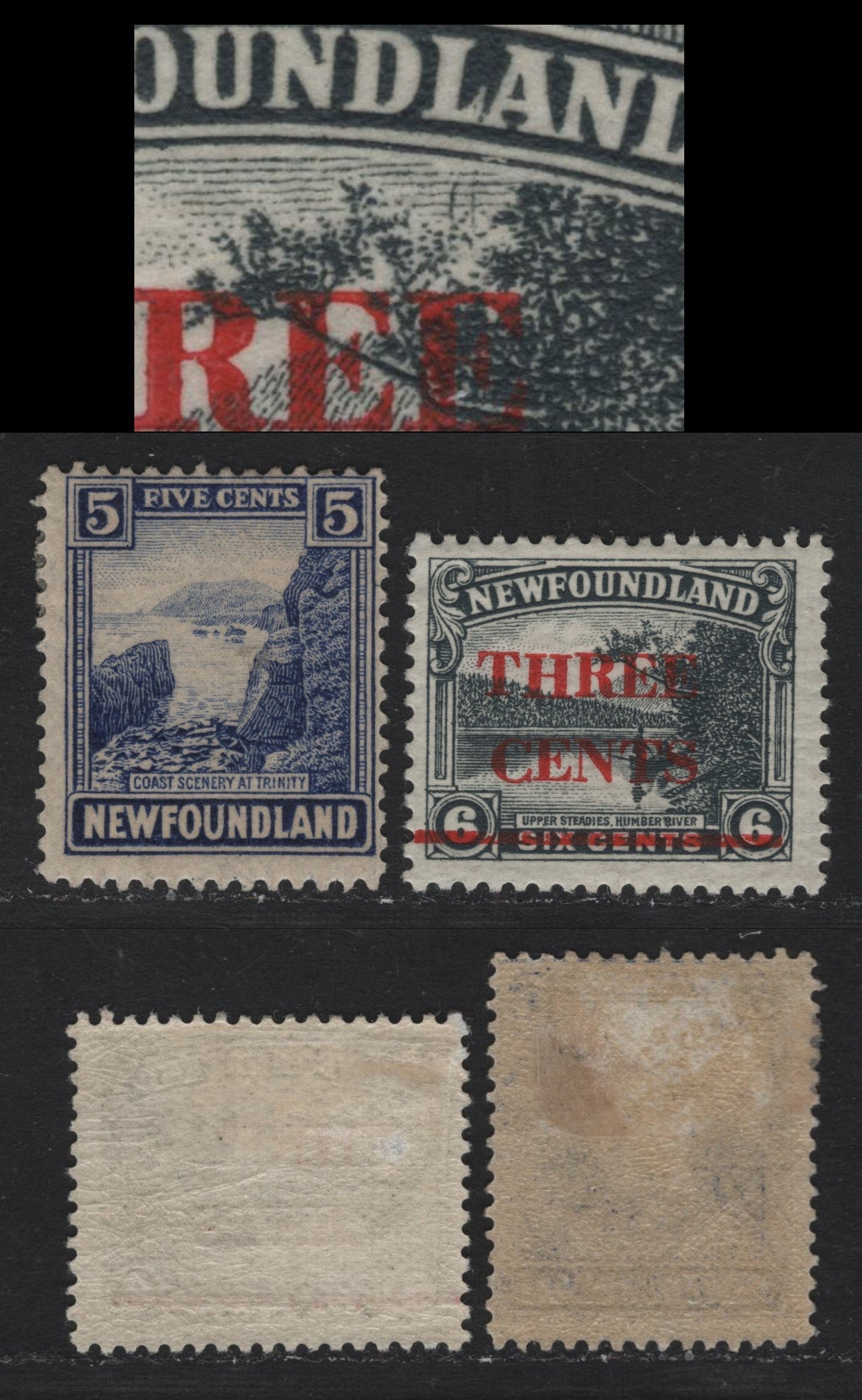 Lot 249 Newfoundland (C) #135, 160var 5c - 3c on 6c Deep Ultramarine - Slate, 1923-1929 Pictorial & Surcharged Issues, 2 FOG Singles, WM-F & WM-N Papers, Comb Perf 13.8x14 & 14x13.8, Two Large Vertical Scratches Above The Tree, Unlisted In Unitrade.