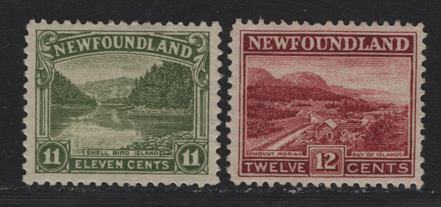 Lot 250 Newfoundland #140-141 11c - 12c Olive Green - Claret, 1923-1928 Pictorial Issue, 2 VFOG Singles, WM-N Papers, Comb Perf 14 & Line Perf 14