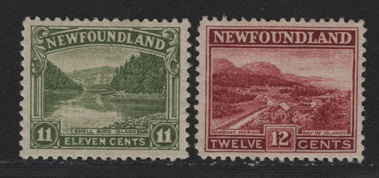 Lot 250 Newfoundland #140-141 11c - 12c Olive Green - Claret, 1923-1928 Pictorial Issue, 2 VFOG Singles, WM-N Papers, Comb Perf 14 & Line Perf 14