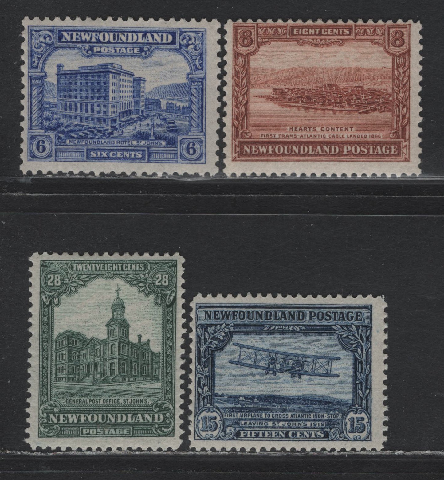 Lot 251 Newfoundland (C) #150-151, 156, 158 6c - 28c Ultramarine - Gray Green, 1928 1st Publicity Issue, 4 F/VFOG Singles, Various Papers & Perfs