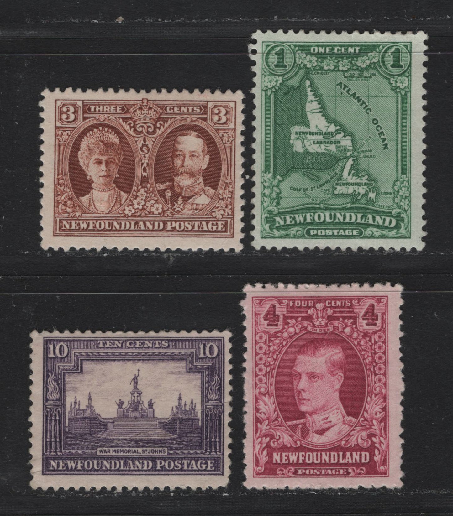 Lot 256 Newfoundland (C) #163, 165-166, 169 1c - 10c Green - Violet, 1929-1931 Re-Engraved Publicity Issues, 4 VG/FOG Singles, 10c Has A Diagonal Crease, 1c Is Perf 13.5, 3c Is Perf 13.7x13.8, 4c Is Perf 13.5x13.8 & 10c Is Perf 13.8