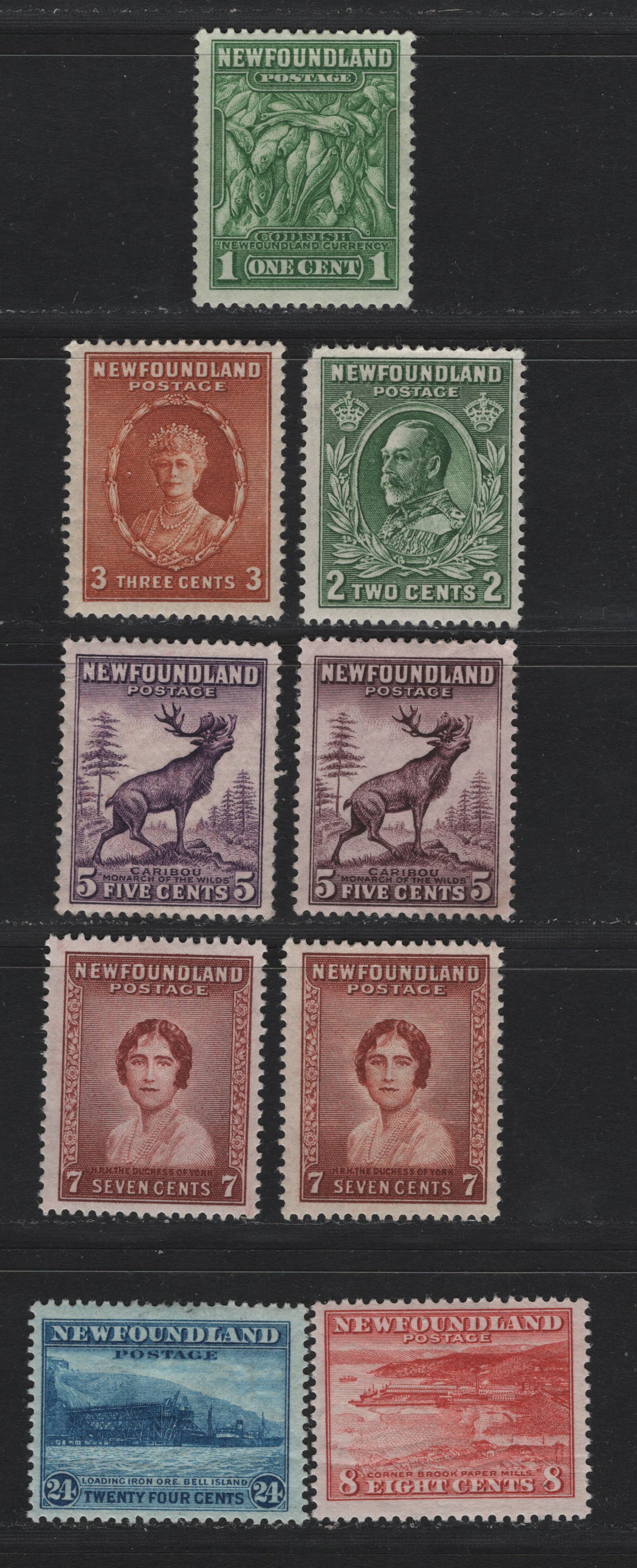 Lot 257 Newfoundland (C) #183, 186ii, 187, 190-191, 208-210 1c - 24c Green - Light Blue, 1932-1937 Perkins Bacon Resources Issue, 9 F/VFOG Singles, Two Shades Of 7c Red Brown