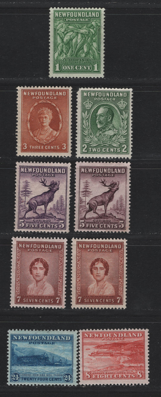 Lot 257 Newfoundland (C) #183, 186ii, 187, 190-191, 208-210 1c - 24c Green - Light Blue, 1932-1937 Perkins Bacon Resources Issue, 9 F/VFOG Singles, Two Shades Of 7c Red Brown