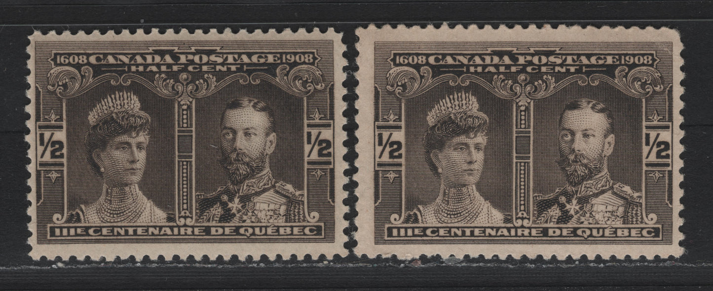 Lot 26 Canada #96 1/2c Deep Black Brown & Brown Black, 1908 Quebec Tercentenary Issue, 2 VG/FNH Singles, ABN-B Paper, Perfs 11.85x11.9 & 11.9x12, Brown Black Shade Has A Light Diagonal Corner Crease At UR.