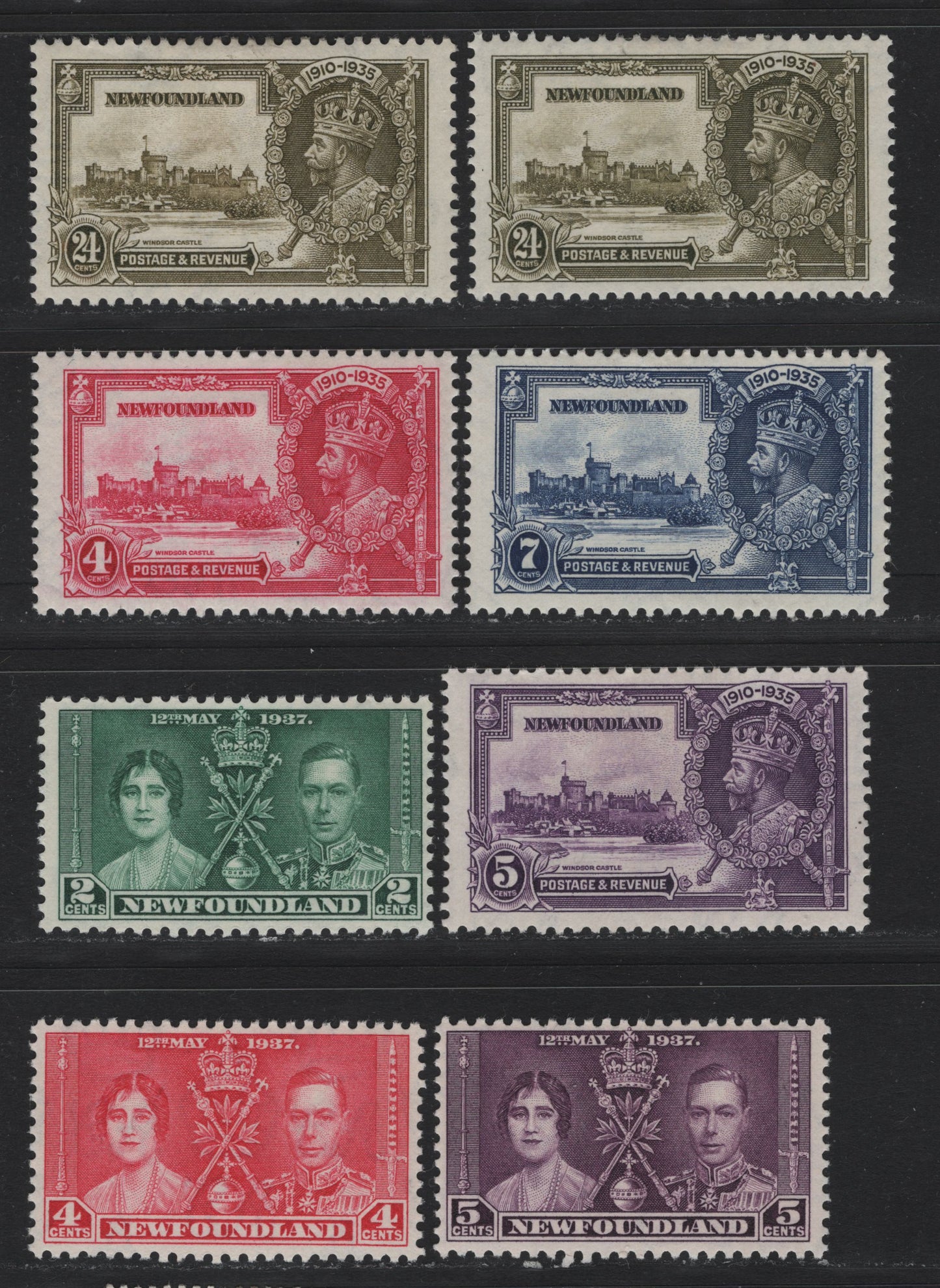 Lot 262 Newfoundland (C) #226-232 4c - 5c Bright Rose - Dark Violet, 1935-1937 Silver Jubilee - Coronation Omnibus Issues, 7 VFOG Singles, Two Shades Of The 24c