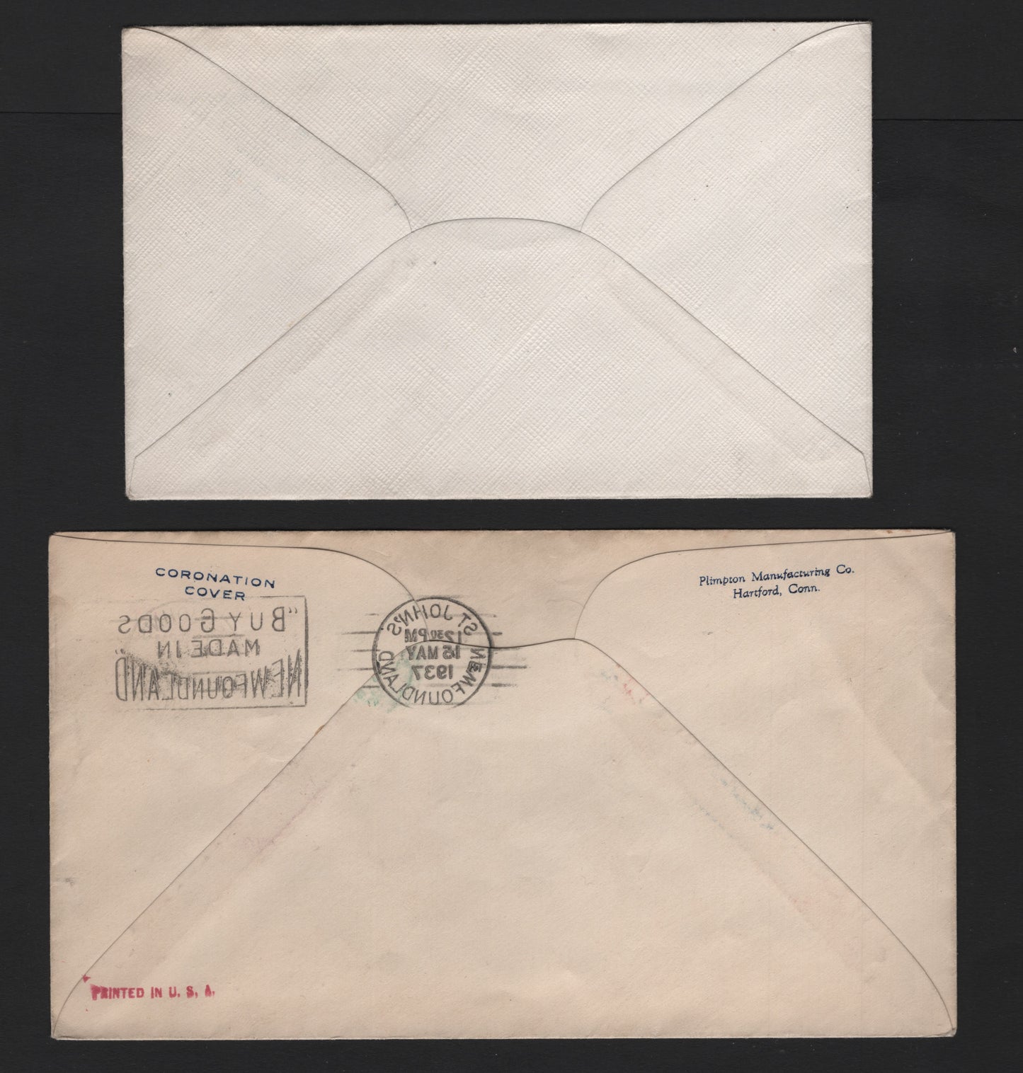 Lot 264 Newfoundland #230-232, 249, 1937-1939 Coronation & Royal Visit Issues, 2 Very Fine Used Covers, Cacheted & Non-Cacheted FDC, Cachet Cover Is From Plimpton Manufacturing CO