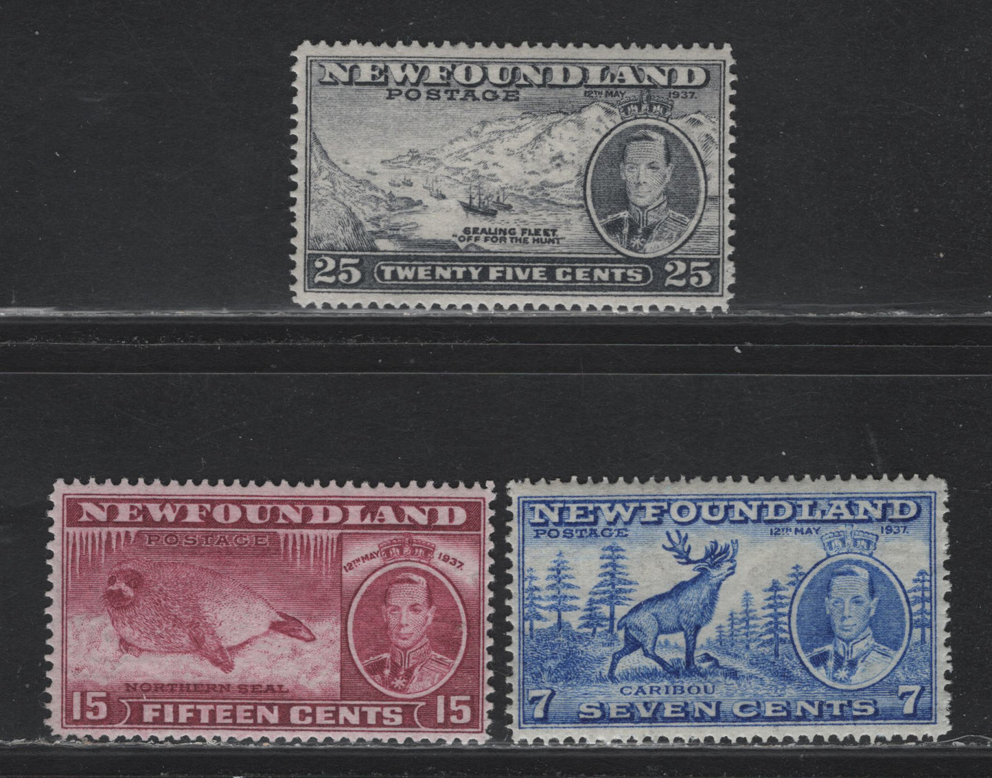 Lot 266 Newfoundland #235, 239, 242 7c - 25c Ultramarine - Slate, 1937 Long Coronation Issue, 3 F/VFNH Singles, 7c Is Perf 14.25, 15c is Perf 13.8, 25c Is Perf 14.25