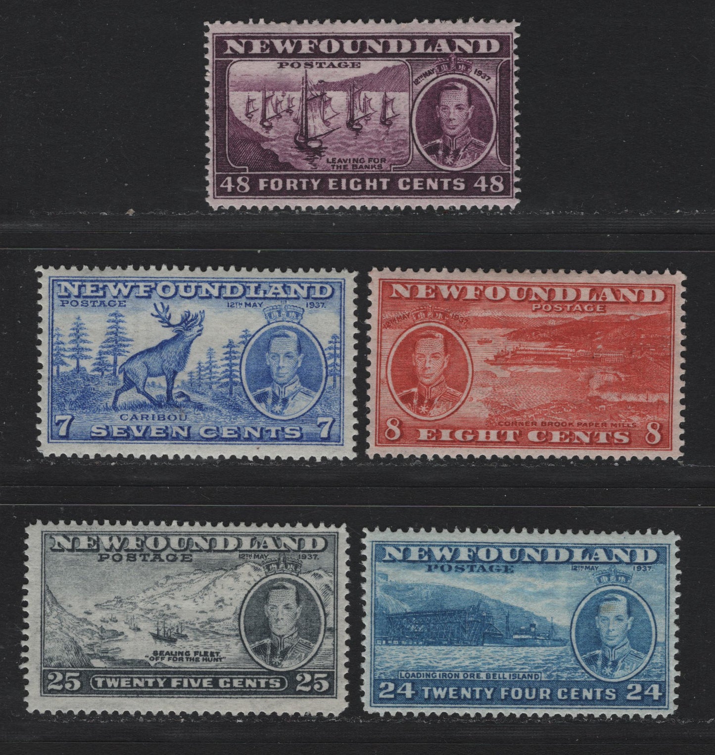 Lot 267 Newfoundland (C) #235, 236d, 241-243 7c - 48c Bright Ultramarine - Slate Purple, 1937 Long Coronation Issue, 5 F/VFOG Singles, The 48c Is Perf 14.25 7 The 8c is Perf 13.4