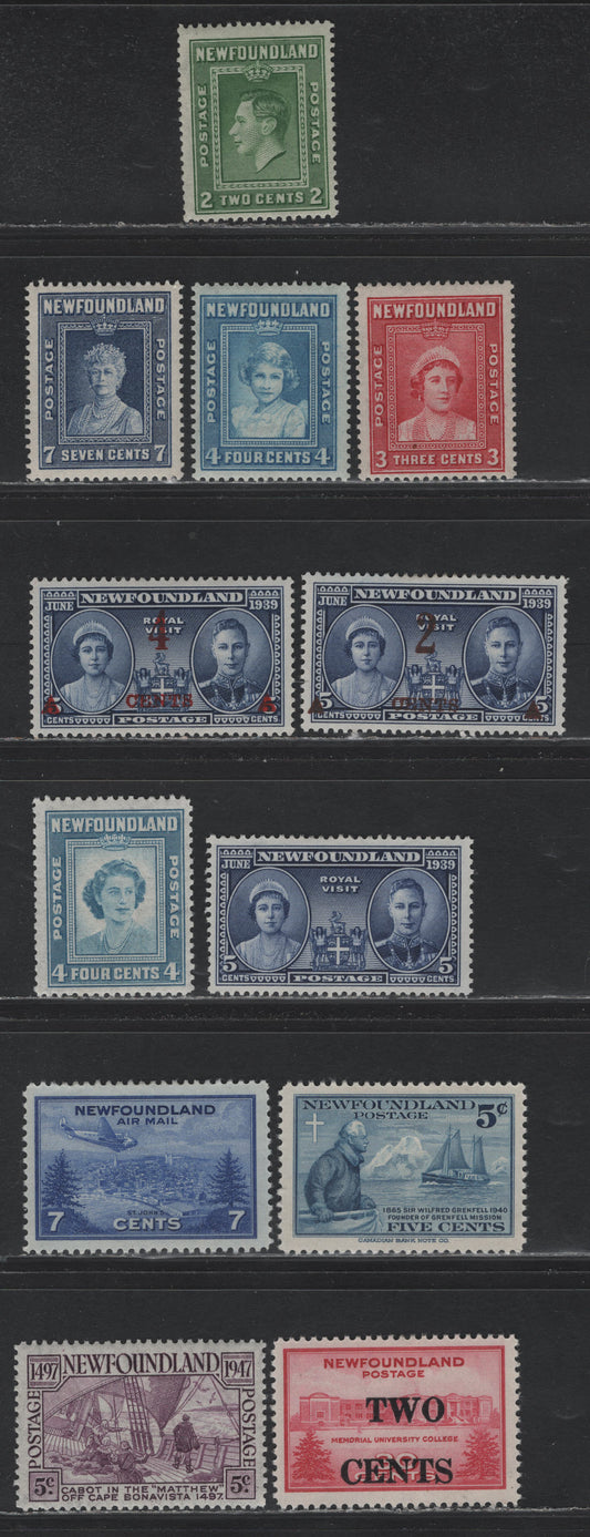 Lot 271 Newfoundland (C) #245-252, 268-270, C19 2c - 7c Green - Deep Ultramarine, 1938-1949 Royal Family - Cabot issue, 12 F/VFOG Singles