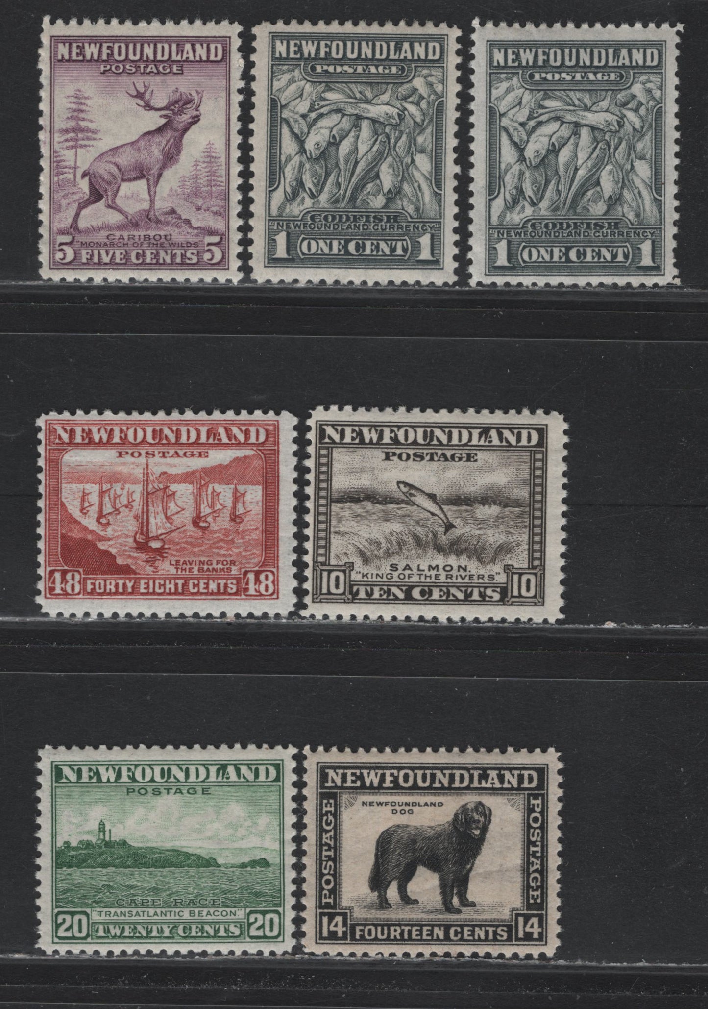 Lot 273 Newfoundland #253, 257, 260-261, 263, 266 1c - 48c Gray Black - Red Brown, 1941-1944 Re-Engraved Waterlow Resources Issue, 7 F/VFOG/NH Singles, The 1c Are Two Different Perfs, 12.6 & 12.7x12.7, Others Are Unchecked As To Exact Perf