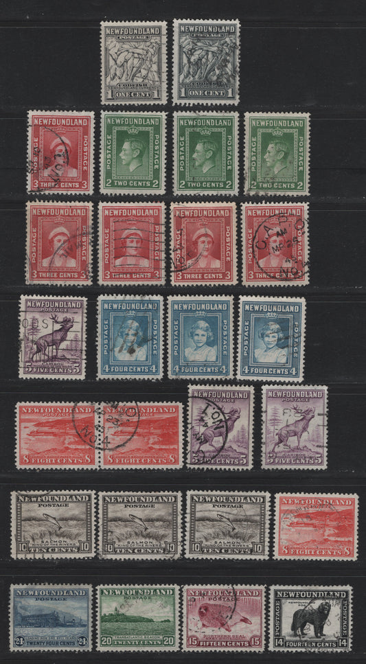 Lot 274 Newfoundland (C) #253-257, 257ix, 259-264 1c - 24c Dark Gray - Deep Blue, 1941-1944 Re-Engraved Waterlow Resources Issue, 25 Very Fine Used Singles, Selection of Singles Unchecked As To Exact Perf, Two of the 5c Are The Scarce Perf 13.5