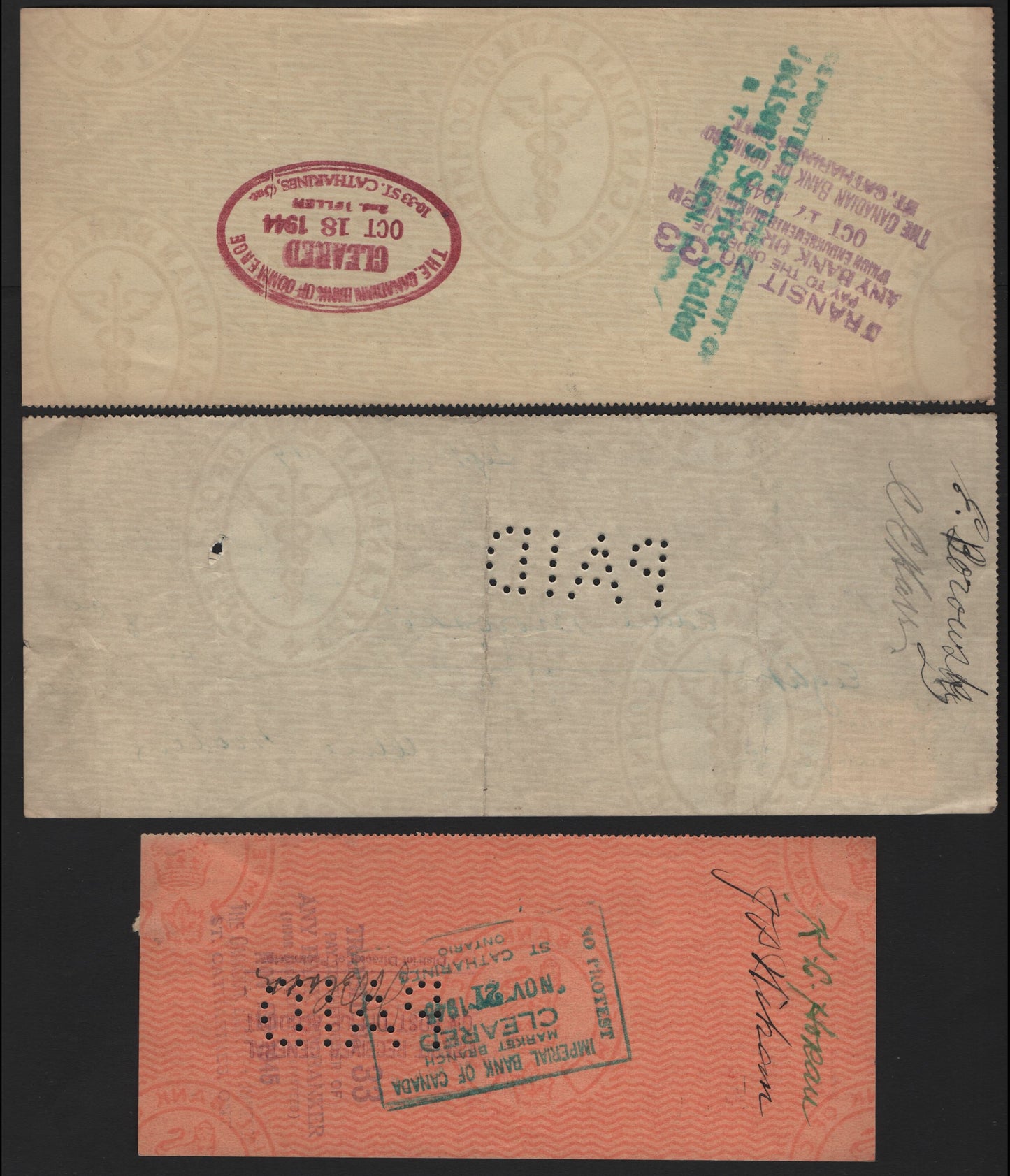 Lot 280 Canada #252 3c Rose Purple, 1944, 1945 & 1949 Cheques, 3 Very Fine Used Cheques, Used As Revenue Stamps