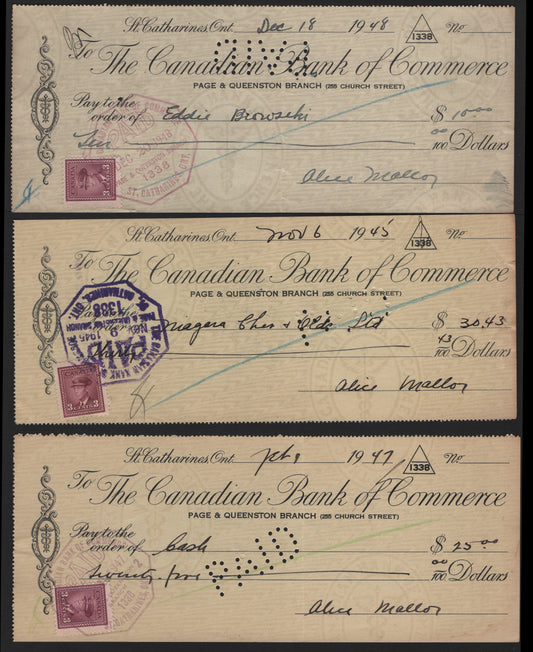 Lot 33 Canada #252 3c Rose Purple, 1945, 1947-1948 Cheques, 3 Very Fine Used Cheques, Used As Revenue Stamps On 3 Canadian Bank of Commerce Cheques