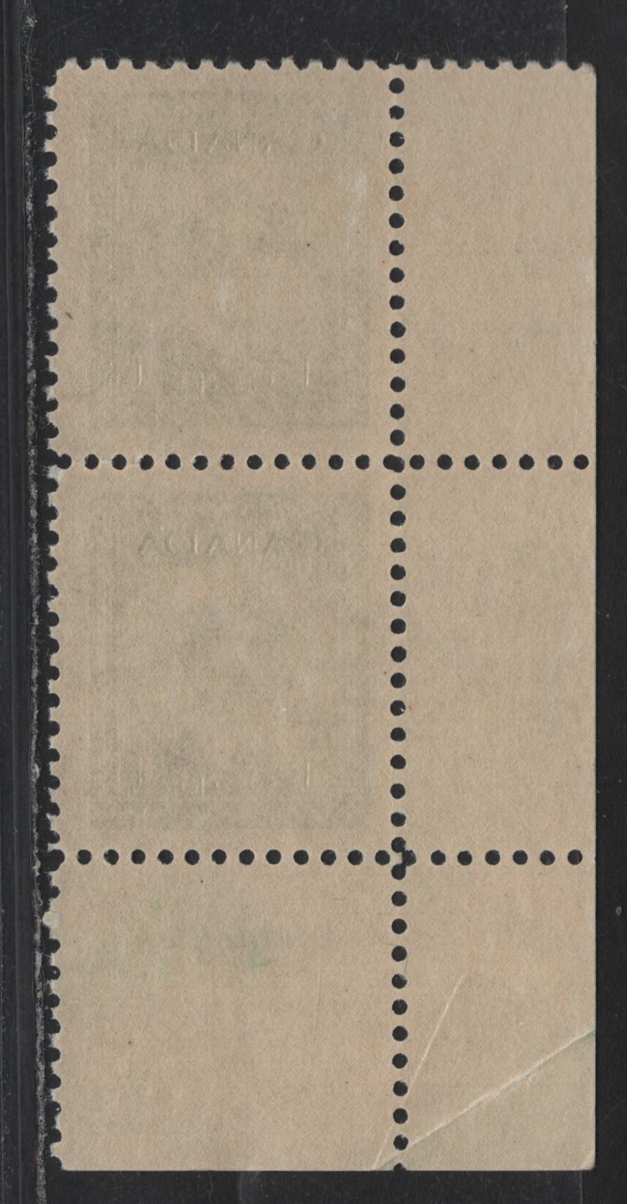 Lot 283 Canada (C) #249var 1c Green, 1942-1943 War Issue, A VFNH LL Margin Pair, Plate 26, CBN-FFFFF Paper, Perf 11.9, Pre-Print LL Corner Foldover In The Selvedge.