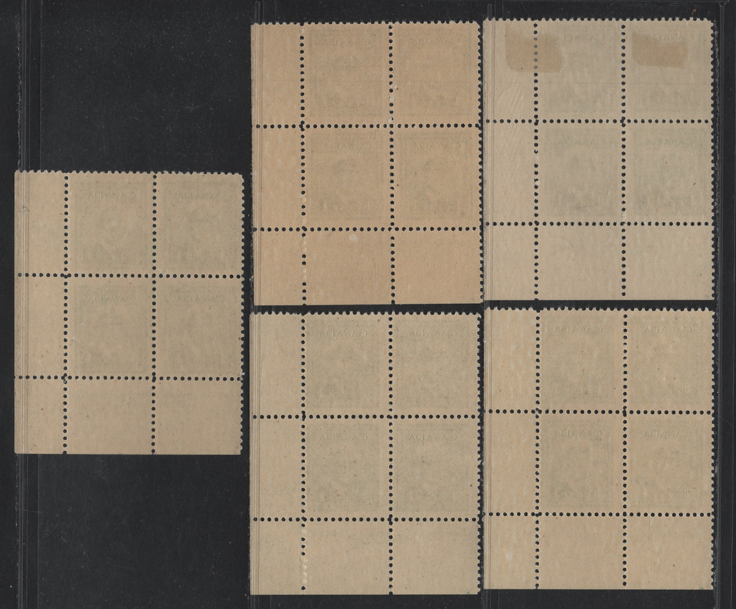 Lot 285 Canada (C) #249 1c Green, 1942-1943 War Issue, 5 FNH/VFOG LR Plate Blocks Of 4, Plates 19, 26 & 27, Plate 27 Blocks Are On Different Papers, Unchecked For Specifics, Plate 19 Hinged & Has Two Plate Pos. Dots.