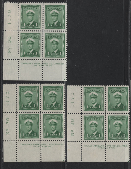 Lot 286 Canada #249 1c Green, 1942-1943 War Issue, 3 F/VFOG Plate 30 Blocks Of 4, CBN-PPPP & CBN-BBBBB Papers, Perf 12, Small Thin At Corner Of UR Stamp.