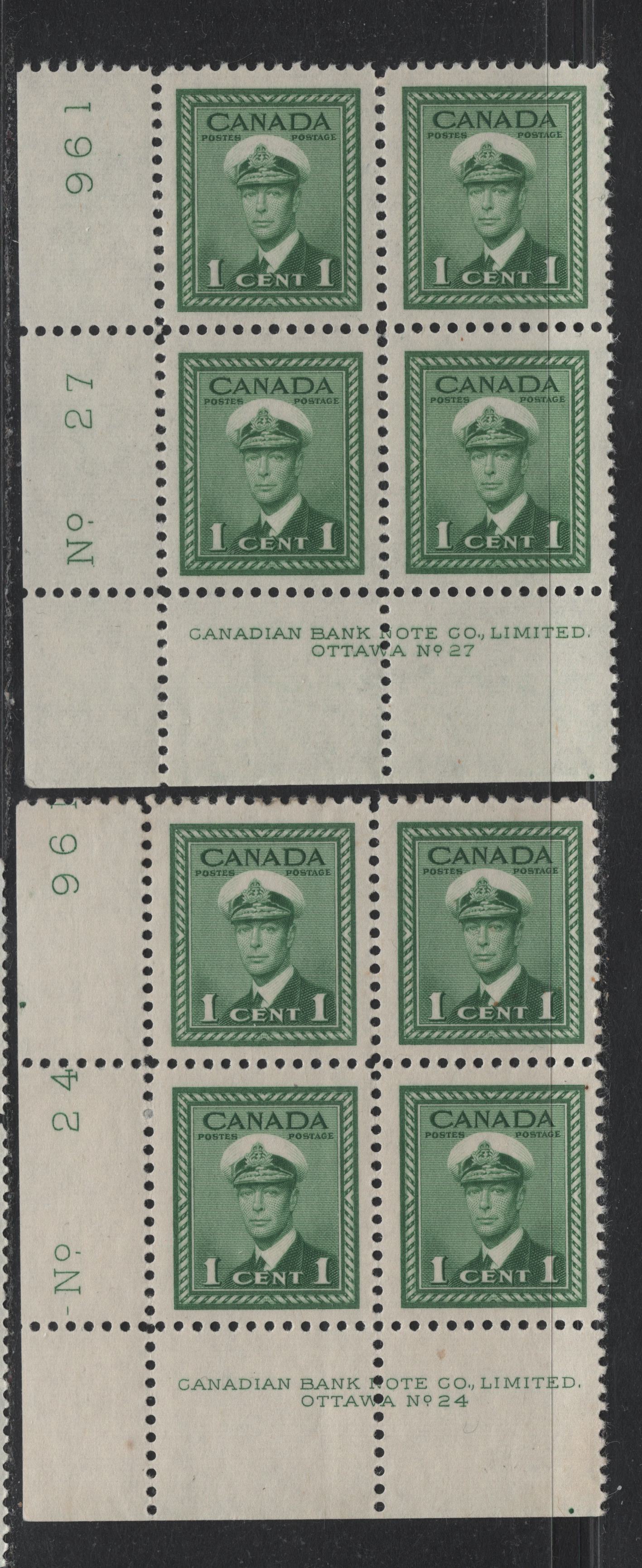 Lot 287 Canada (C) #249 1c Bluish Green - Green, 1942-1943 War Issue, 2 VFOG/NH Singles, Plates 24 & 27, CBN-QQQQ & CBN-RRRRR, 2 Plates Dots aT Left Center & LR, 1 Plate Dot At LR.