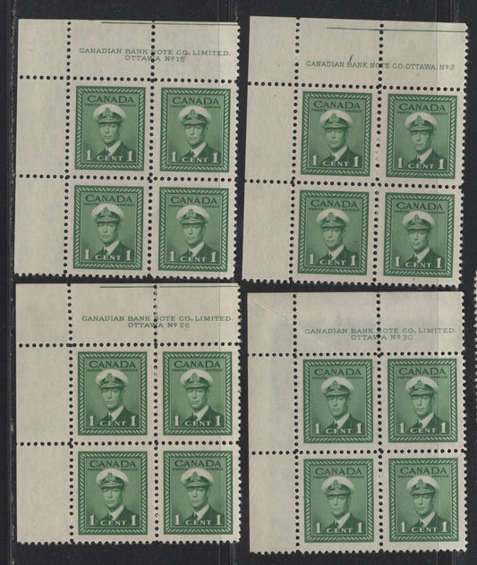 Lot 289 Canada #249 1c Deep Green, 1942-1943 War Issue, 4 F/VFOG UL Plate Blocks Of 4, Plates 2, 15, 26 & 30, Unchecked As To Exact Papers & Perfs, Small Perf Separation In Upper Perfs Of P.26 & Small Selvedge Crease In P.30.