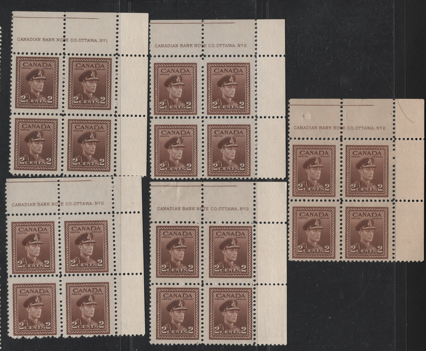 Lot 290 Canada (C) #250 2c Deep Yellow Brown - Paler Yellow Brown, 1942-1943 War Issue, 5 F/VFNH/OG UR Plate Blocks Of 4, Plates 1 & 2, Unchecked As To Exact Papers & Perfs, One P.2 Has A Winkle In Selvedge, Another Has A Small Punched Hole In Selvedge.