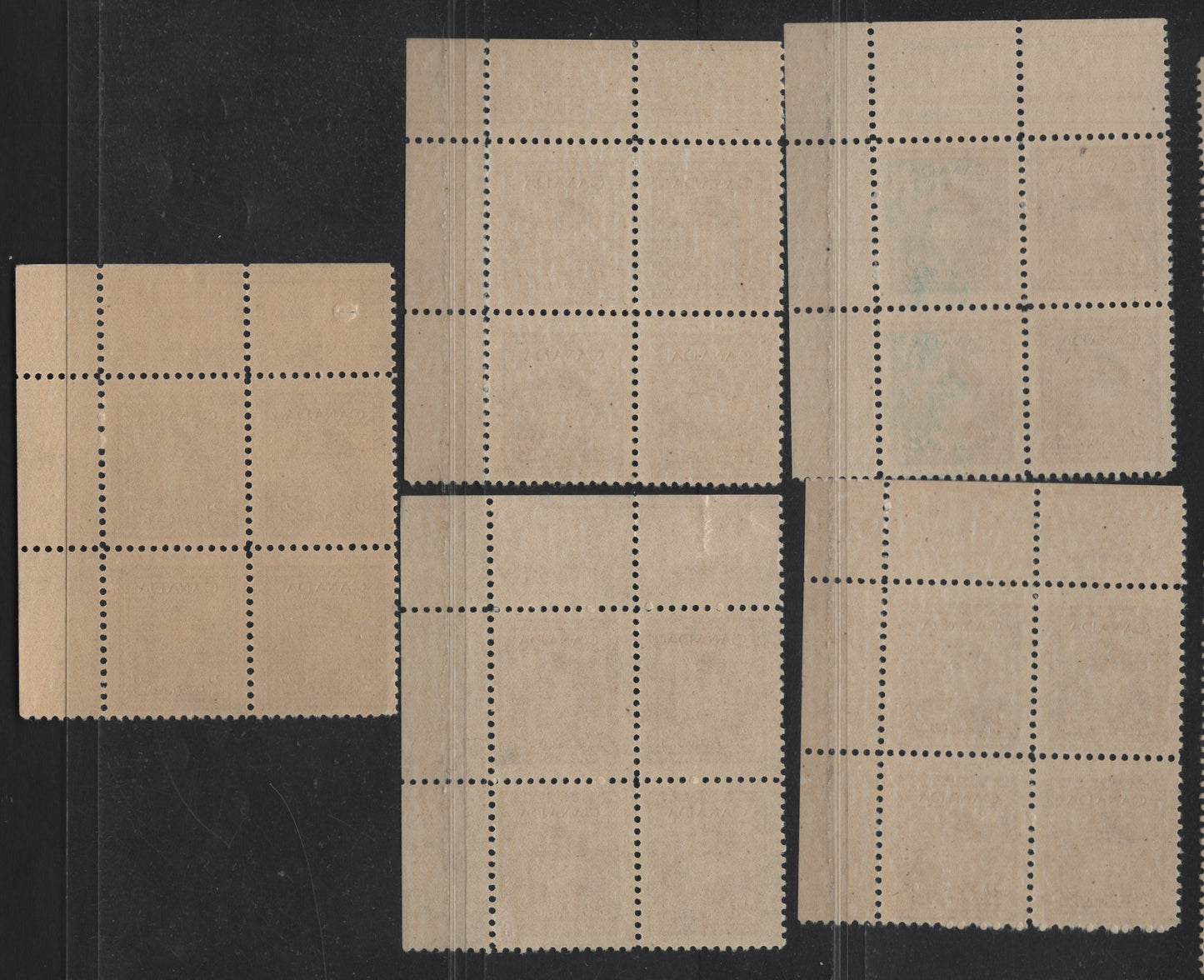 Lot 290 Canada (C) #250 2c Deep Yellow Brown - Paler Yellow Brown, 1942-1943 War Issue, 5 F/VFNH/OG UR Plate Blocks Of 4, Plates 1 & 2, Unchecked As To Exact Papers & Perfs, One P.2 Has A Winkle In Selvedge, Another Has A Small Punched Hole In Selvedge.