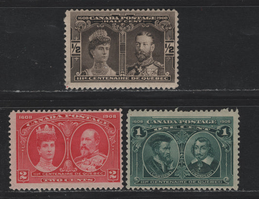 Lot 29 Canada #96-98 1/2c - 2c Black - Carmine Rose, 1908 Quebec Tercentenary Issue, 3 FOG Singles, Unchecked As To Paper Types & Perfs