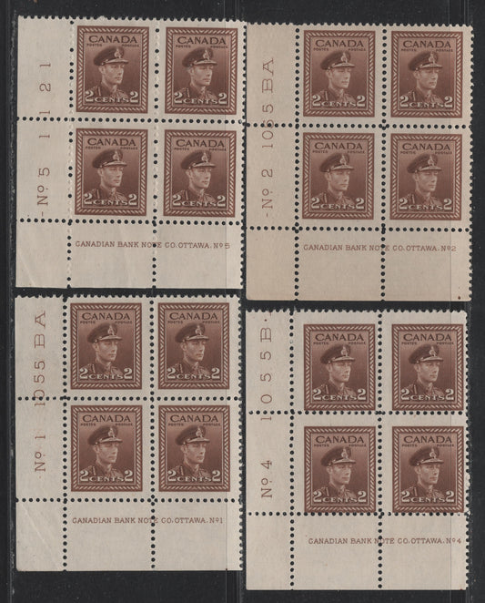 Lot 291 Canada (C) #250 2c Brown - Deep Brown, 1942-1943 War Issue, 4 FNH LL Plate Blocks Of 4, Plates 1, 2, 4 & 5, Unchecked As To Exact Papers & Perfs, Plate Dots.